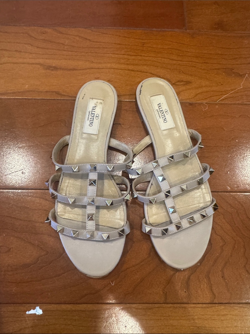 Valentino Neutral Studded T-Strap Slide Sandals